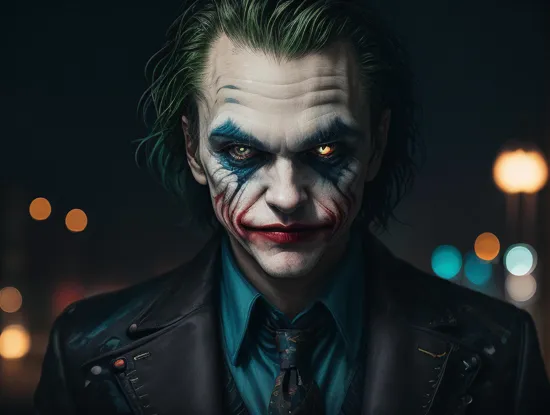 the joker, night city, epic photo, highly detailed, masterpiece, blue neon lights, cinematic angle, best quality, solo, bokeh, pixiv, depth of field