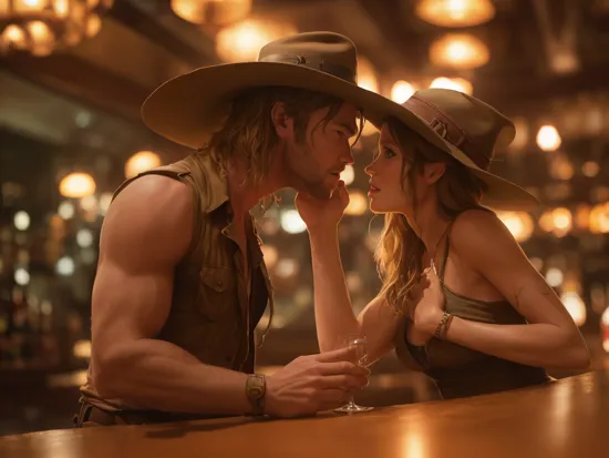 cinematic photo of Chris Hemsworth as Indiana Jones, (hat), kissing Angelina Jolie as Lara Croft, in a bar, 35mm photograph, film, bokeh, professional, 4k, highly detailed, full body shot, wide angle