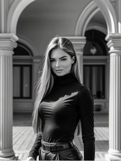 @sylwiaaa, striking contrast, black turtleneck bodysuit, elegant high-waisted belt, beside a dark horse, classic architecture, black and white composition, direct sunlight with sharp shadows, strong gaze, full body shot.