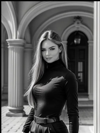 @sylwiaaa, striking contrast, black turtleneck bodysuit, elegant high-waisted belt, beside a dark horse, classic architecture, black and white composition, direct sunlight with sharp shadows, strong gaze, full body shot.