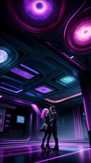 Futuristic and edgyA futuristic, neon-lit dreamscape with a dance floor, surrounded by swirling clouds of purple and blue mist, with a touch of surrealism.