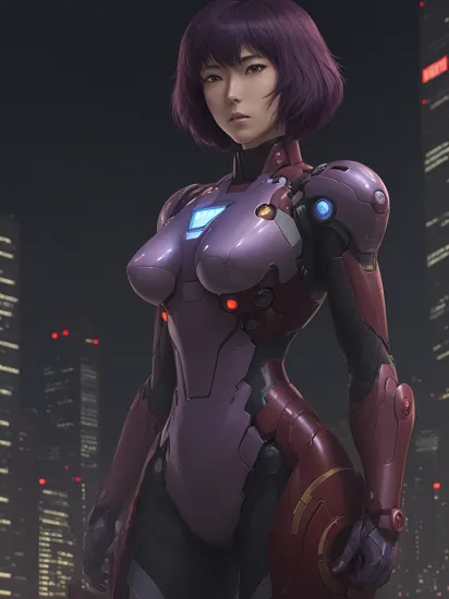 Linguistic Prompt (G): Mature Motoko Kusanagi from Ghost in the Shell anime wearing an Iron Man armor. With a Sci-fi city at night in the Background.  Original character design by Hajime Shimomura   Supporting Terms (L): anime, Iron Man, Subsurface scattering, Ghost in the Shell, Marvel, purple energy core, purple hair, gits, Motoko Kusanagi,  1girl, field of depth, award-winning,