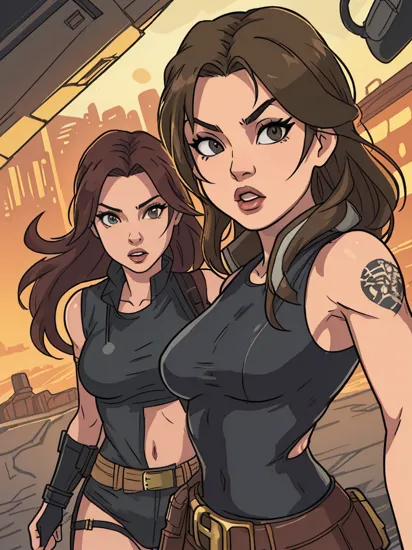 Fighting game style Photograph of angelina jolie (Lara Croft)for a Cyberpunk  Fantastic Journey with a miniature capsule a sexy woman Dynamic, vibrant, action-packed, detailed character design, reminiscent of fighting video games