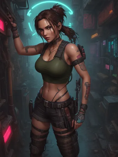 isometric style Lara Croft, (reimagined in a cyberpunk universe), (cyberpunk style), (cyberpunk), (cyberpunk outfit), (punk hair), augmentation, cybernetics, glowing neon lights, cinematic scene, hero view, action pose, masterpiece, best quality, high quality, absurdres, vivid  . vibrant, beautiful, crisp, detailed, ultra detailed, intricate