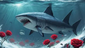 ((masterpiece)), (best quality), official art, ultra detailed,shark,full body <lora:betmd:1.1>,in the style of betmd,magical,fantasy,roses