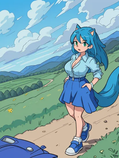 sonic the hedgehog with big tits looking at the viewer, green field, sunny weather, walking, blue outfit, blue hair, blue skin