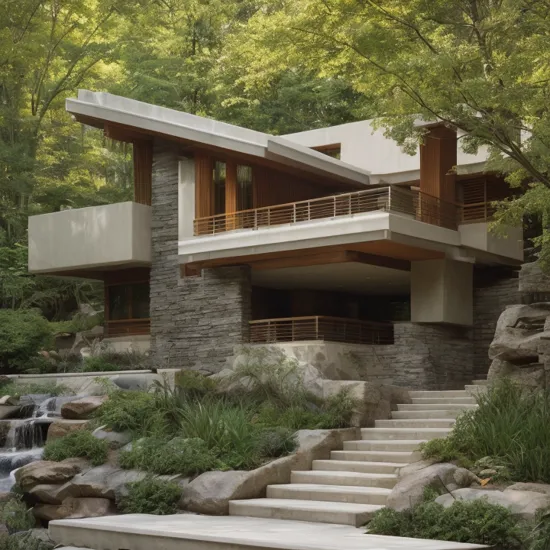((A photography showcase of Fallingwater, the iconic architecture by Frank Lloyd Wright located in Mill Run, Pennsylvania. Through the lens of Ansel Adams, using a 35mm lens, the scene captures the houseâs unique cantilevered terraces amidst the verdant forest. The color temperature exudes a cool blueish tint. No facial expressions as the primary focus is on the structure. Ambient light from the sun provides a gentle glow to the scene, casting soft shadows. The atmosphere is serene and timeless))
Dive into the world of Photography that captures the essence of Frank Lloyd Wright's modern "Frank Lloyd Wright's modern style villa" with a focus on the architectural marvel of Fallingwater. Through a 35mm lens, witness the structure in intense clarity and sharpness. The image has a warm color temperature that highlights the building's iconic cascading forms. No facial expressions are present as the image focuses solely on architecture. The lighting is natural, with the sun casting soft shadows on the structure, giving depth and texture. The atmosphere feels serene and untouched by time
A modern house seamlessly integrates natural elements into its design. featuring a balcony adorned with lush greenery and a front yard that blends nature with the environment. Soft ambient lighting casts a warm and welcoming glow. Channeling the spirit of renowned architect Frank Lloyd Wright, this design showcases his signature organic architectural style. The medium for this artwork is an architectural blueprint rendered in high-definition 3D graphics, emphasizing every detail of the design. The color scheme mainly consists of earthy tones and various shades of green, enhancing the connection to nature