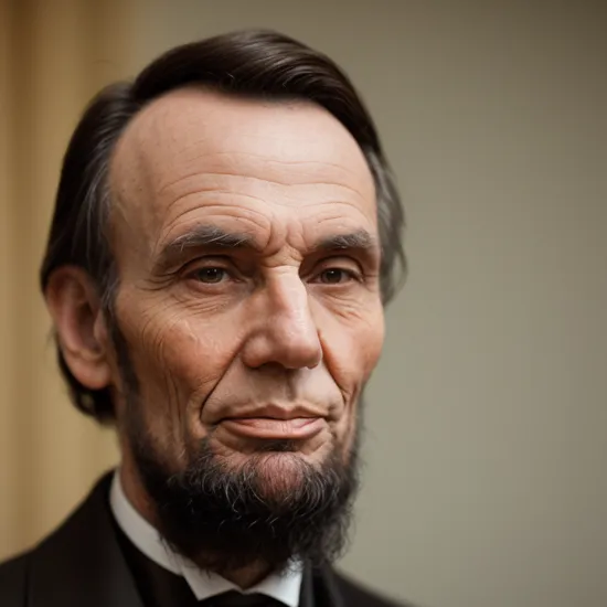 look straight into camera, Abraham Lincoln, indoor lighting, contemplative expression, closeup, portrait shot, eye twinkle, 35mm, analog film, color film, kodachrome, soft lighting, low contrast, backlit, light bloom, lens flare, exposed for the shadows, portrait photography, iso400, film grain, vignette, depth of field, bokeh, fujifilm