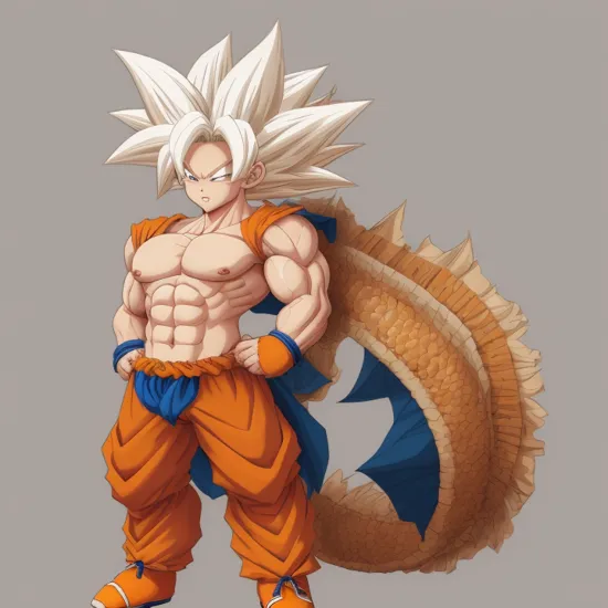 goku dragon ball bodybuilder, beautiful face, serious face, white hair, red eyes, perfect body, (full body), fit body, abs, medium breasts, muscular,blue and orange topless armor, (cute, chibi)