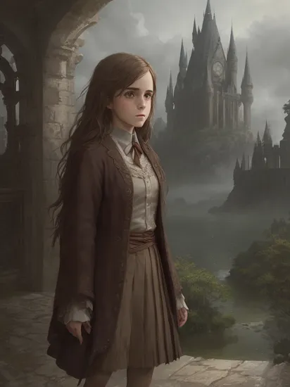 Emma Watson as Hermione Granger in Harry Potter, bushy brown hair and brown eyes, long hair, harry potter movies style, ((detailed facial features)), (((full body))), (hogwarts on background), ((((cinematic look)))), soothing tones,intricate scene, insane details, intricate details, hyperdetailed, low contrast, soft cinematic light, dim colors, exposure blend, hdr, faded, slate atmosphere, Studio Ghibli, ArtStation, CGSociety, Intricate, High Detail, Sharp focus, painting art by Jakub Rozalski and Greg Rutkowski