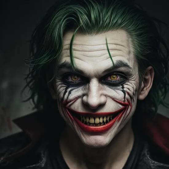 Joker,Crazy smile, Evil grimace, High detail, Cinematic image, Toxic green hair, Detailed teeth, Blood-colored gums, Bloody mouth, Crazy stare, Evil stare, Wiry, Vignette, Dark background, Flames in the background, HDR, 4K textures