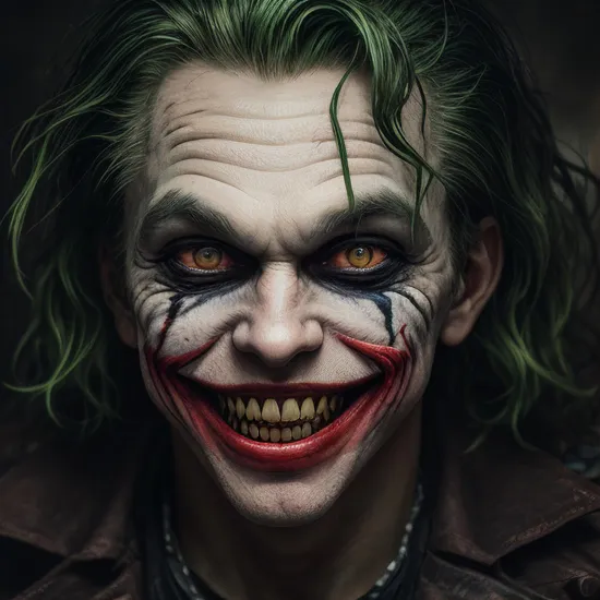 Joker,Crazy smile, Evil grimace, High detail, Cinematic image, Toxic green hair, Detailed teeth, Blood-colored gums, Bloody mouth, Crazy stare, Evil stare, Wiry, Vignette, Dark background, Flames in the background, HDR, 4K textures