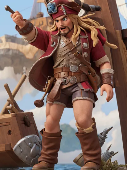 Thor-Pirate: Merging Thor and Captain Jack Sparrow, this figure wields Mjlnir:0.6 with a pirate's charm:0.4 on the high seas. 