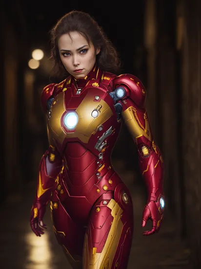 extremely high quality RAW photograph of woman, wearing ((iron man)) costume, in dark alley, (portrait), (skin details, high detailed skin texture), ((photorealistic), film grain), 8k high definition, insanely (detailed face), detailed eyes, (photo), (photograph),highly detailed, sharp focus, 4k, focus on eyes,bokeh, staring at camera, ,gigapixel,by hasselblad, (((low light, dark,dim))),(((midnight))),((late night)),(late at night,night-time, after dark), eyeliner, makeup,