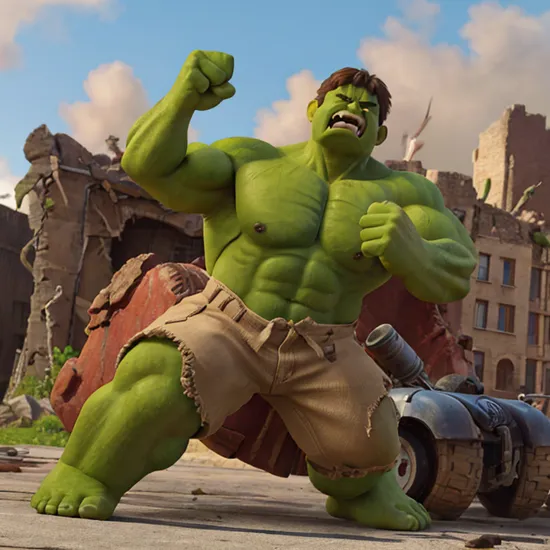 hulk, villain, angry, clenched hands, clenched teeth, streets, destruction, ruins, day, apocalypse, intricate details, masterpiece, absurdres, best quality 