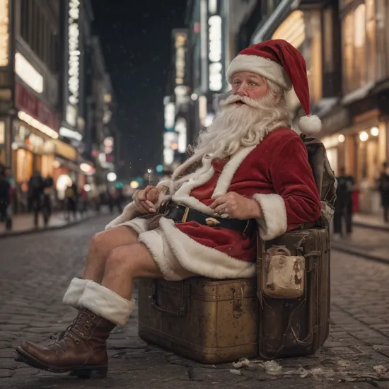 Documentary Portrait Photography (Masterpiece, Boutique, 8K, Ultra High Resolution, Ultra Detailed 1.4)
(Drunk Santa lying on the street)
(shabby cotton Christmas clothes, shabby short leather boots)
Sad expression (realistic, Blade Runner movie aesthetic, cinematic lighting, highly detailed) tired elk, woven bag luggage, garbage, snow, night,