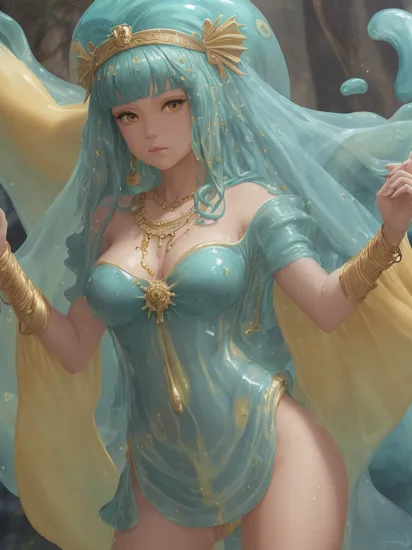 The Portrait of Cleopatra, Anime Fantasy Illustration by Tomoyuki Yamasaki, Kyoto Studio, Madhouse, Ufotable, trending on artstation, gold jewelry, necklace, gems,
slime over legs arms and torso, swim suit is part of skin, blue skin, scales, blue, slime swim suit, slime, covered in slime, slime hair, hair made of slime, body, covered in slime, translucent slime sash over shoulders, slime dripping from body, camel toe, camel toe pussy