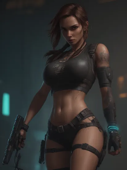 Lara Croft, (reimagined in a cyberpunk universe), (cyberpunk style), (cyberpunk), (cyberpunk outfit), (punk hair), augmentation, cybernetics, glowing neon lights, cinematic scene, hero view, action pose, masterpiece, best quality, high quality, absurdres, vivid , (Extremely Detailed Oil Painting:1.2), glow effects, godrays, Hand drawn, render, 8k, octane render, cinema 4d, blender, dark, atmospheric 4k ultra detailed, cinematic sensual, Sharp focus, humorous illustration, big depth of field, Masterpiece, colors, 3d octane render, 4k, concept art, trending on artstation, hyperrealistic, Vivid colors, extremely detailed CG unity 8k wallpaper, trending on ArtStation, trending on CGSociety, Intricate, High Detail, dramatic, absurdes