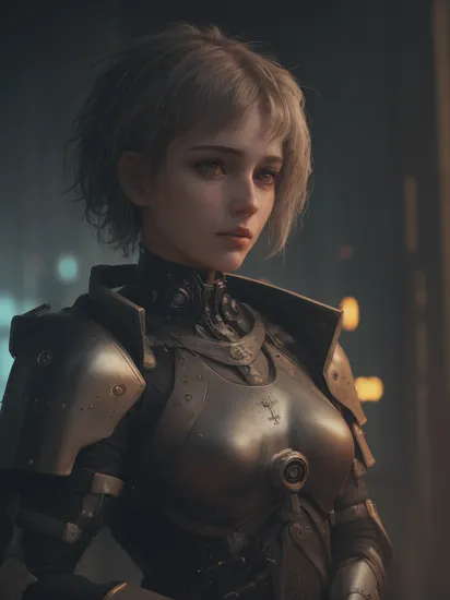 Joan of Arc, Jeanne d'Arc, (reimagined in a cyberpunk universe), (cyberpunk style), (cyberpunk), (cyberpunk outfit), (punk hair), (augmentation), cybernetics, glowing neon lights, cinematic scene, hero view, action pose, beautiful 8k, detailed background, masterpiece, best quality, high quality, absurdres, vivid., Photorealistic, Hyperrealistic, Hyperdetailed, analog style, detailed skin, matte skin, soft lighting, subsurface scattering, realistic, heavy shadow, masterpiece, best quality, ultra realistic, 8k, golden ratio, Intricate, High Detail, film photography, soft focus,