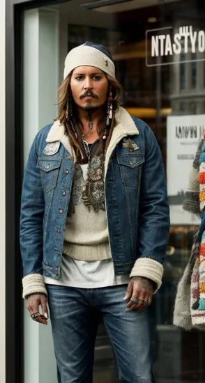 Johnny Depp, Urban cool man @JohnnyDepp, clean-cut with knit beanie, neutral-toned jacket over denim, hands casually tucked, confident stance against a modern storefront, reflective glass and metallic signage add a city vibe, full-length shot capturing a streetwear fashion essence.