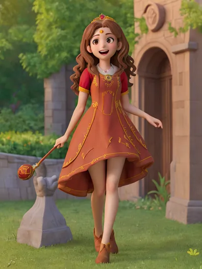 masterpiece, official art, cute girl, age 19, mature, young face, slim proportions, (hourglass figure:1.2), quirky, (emma watson:0.9), (hermione granger:1.3), (disney princess:1.4), (perfect brown eyes:1.4), (brown hair:1.4), (long straight hair:1.3), cute smile, (fancy ballroom gown:1.3), (royal red princess dress:1.4), full body shot, (outside:1.8), sunny, adorable smile, sexy, beautiful, (wearing a gryffindor tiara:1.3), perfect eyes, perfect hands, perfect face, perfect teeth, mouth slightly open, 8k HD, smooth skin, global illumination, well lit, sharp focus, ultra fine details, smooth vertex shading, subsurface rendering