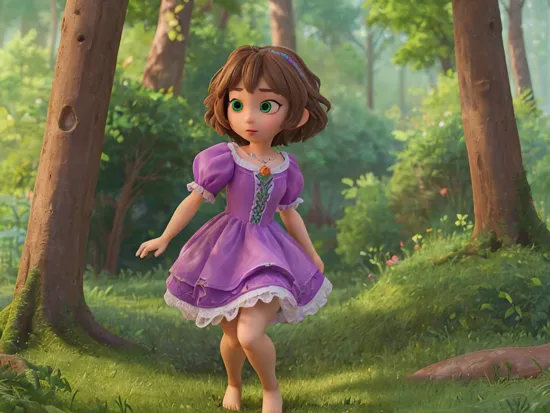 (RapunzelWaifu:1), tangled,  (Purple dress:1), (short hair, brown hair, green eyes:1), ((green eyes)), (purple dress:1), short hair, messy hair, (long princess dress), bare feet, cartoony facial features, large round eyes, brown hair, (realistic:1.2),  (masterpiece:1.2), (full-body-shot:1),(Cowboy-shot:1.2), light particles, magical forest background, neon lighting, dark romantic lighting, (highly detailed:1.2),(detailed face:1.2), (gradients), colorful, detailed eyes, (one person), (detailed landscape:1.2), (natural lighting:1.2),(detailed background),detailed landscape, (dynamic pose:1.2), wide shot, solo,     