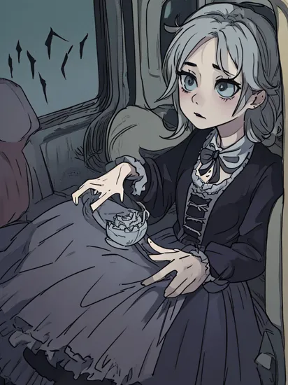 Horror-themed cinderella in train  ,    . Eerie, unsettling, dark, spooky, suspenseful, grim, highly detailed