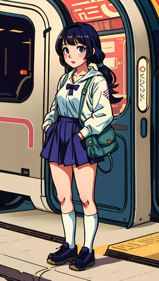 "Anime cute girl at metro station " by Syd Mead, cold color palette, muted colors, detailed, 8k