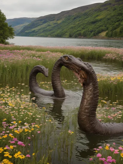 fine art portrait photography of a  Loch Ness Monster in a lake, mouth open, in the style of a historical film,  detailed field of flowers, masterpiece, best quality, photorealistic,