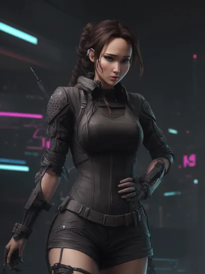 low-poly style Katniss Everdeen from The Hunger Games, (reimagined in a cyberpunk universe), (cyberpunk style), (cyberpunk), cyberpunk outfit, punk hair, (augmentation), (cybernetics), glowing neon lights, cinematic scene, hero view, action pose, beautiful 8k, detailed background, masterpiece, best quality, high quality, absurdres, vivid.. low-poly game art, polygon mesh, jagged, blocky, wireframe edges, centered composition