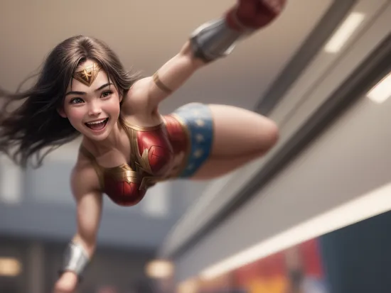 DC movies,wonder woman,from below,photo of a 18 year old girl,Parkour,happy,laughing,fit and petite body,ray tracing,detail shadow,shot on Fujifilm X-T4,85mm f1.2,sharp focus,depth of field,blurry background,bokeh,lens flare,motion blur,,