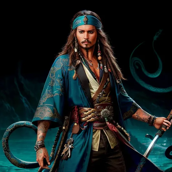 Johnny Depp, Serpent’s gaze @JohnnyDepp, ((sharp blue eyes)), tousled dark hair, traditional robe with serpent design, calm yet piercing look, standing with hand on katana, background featuring a swirling serpent, cool and mysterious atmosphere, anime illustration with a blend of traditional and modern elements.