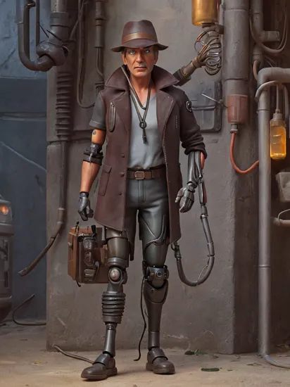 cyberpunk, a portrait of a cyborg man, Harrison Ford as Indiana Jones, (cyberpunk augmentations:1.2), (mechanical bodyparts and prostheses:1.4), eye prosthesis, black leather coat, black headwear, neon city bokhe