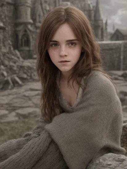 Emma Watson as Hermione Granger in Harry Potter, 21 years old, high heels, sexy, hit,  bushy brown hair and brown eyes, long hair, harry potter movies style, ((detailed facial features)),(detailed face:1.2) (freckles:1.1)(cute beautiful face:1.3)(((full body))), (hogwarts on background), ((((cinematic look)))), soothing tones,intricate scene, insane details, intricate details, hyperdetailed, low contrast, soft cinematic light, dim colors, exposure blend, hdr, faded, slate atmosphere, Studio Ghibli, ArtStation, CGSociety, Intricate, High Detail, Sharp focus,