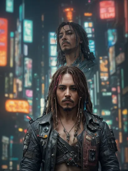 (((best quality)), (real), (masterpiece),realistic,(realism),ultra high res,(photorealistic:1.4),8k post-production, reality, ultra detailed, ultra high res, extreme detail description, Highly detailed, Professional, full shot,
Captain Jack Sparrow, drunk in a dystopian cyberpunk city, (cyberpunk style:1.5), night, neon lighting, sharp focus, bokeh, raining, reflection, realistic,

