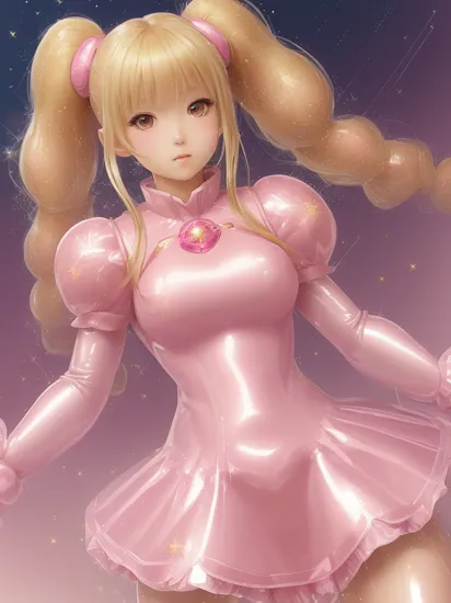 (samus aran) dressed in (puffy pink gleaming kanamemadokaoutfit), (blonde girly twintails), magical girl, masterpiece, best quality, (perfect face, beautiful face, symmetric face), (sparkles, sparkling hair, sparkling clothes, sparkles around face:1.3), (shiny glossy translucent clothing:1.1)