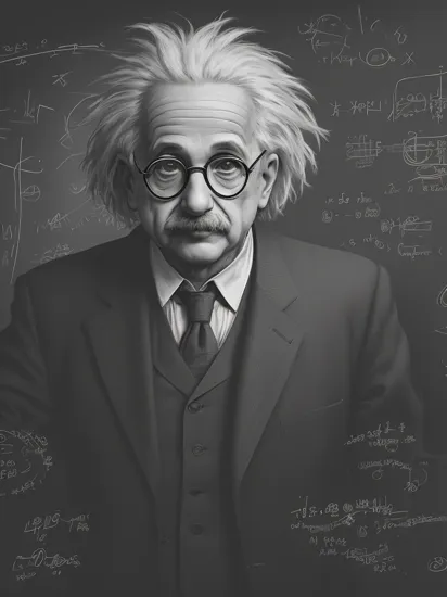 Recreate the iconic image of Albert Einstein with a cyberpunk twist. Give him augmented reality glasses,  a holographic blackboard,  and place him in a cyber-enhanced laboratory filled with neon equations