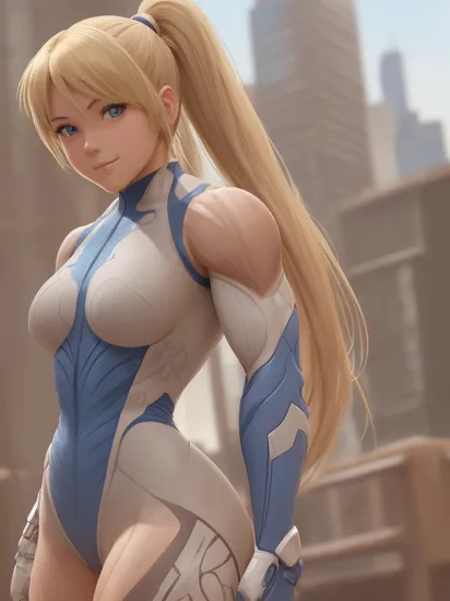 1girl, solo, samus aran, highly detailed eyes, intricate details, blue eyes, blonde hair, ponytail, upper body,(zero suit), looking at viewer, closed mouth, seductive smile, (((((muscular female))))), cityscape