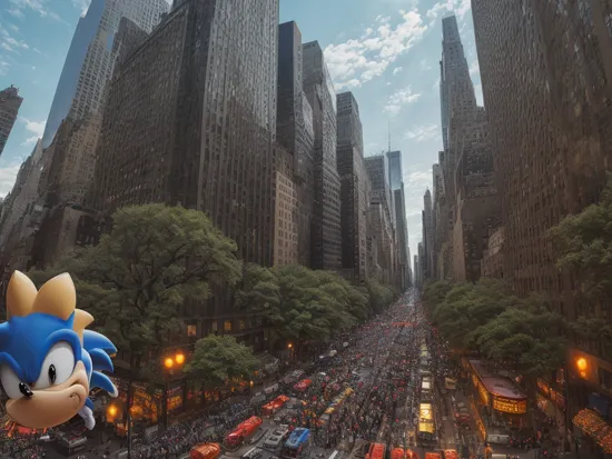 ,a raw photograph of a large helium filled (B41100n balloon:1.1) shaped like (sonic-the-hedgehog:1.2),floating high above the street with team holding guide ropes,near Central Park in New York City,during Macy's parade,with park and trees behind,with tall buildings in background,realistic photograph,wide_angle_view,highres,absurdres,hyper realistic,HDR UDH 8K wallpaper,depth_of_field,photo realistic,award winning,best quality,masterpiece,intricately detailed,, high saturation