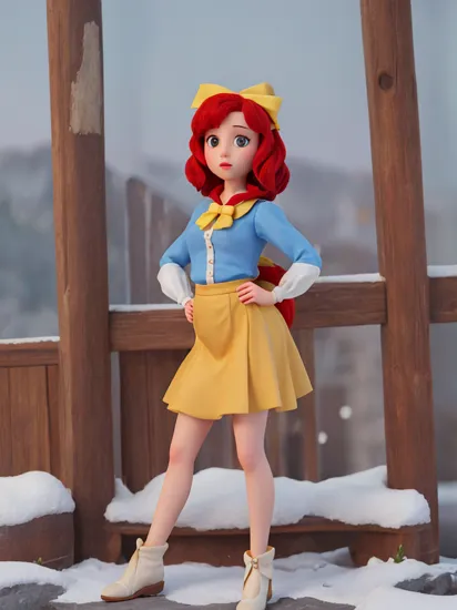 1girl, realistic, solo, , snow white , (masterpiece:1.2), best quality,  outside, blue,  yellow skirt, red hair bow, nsfw