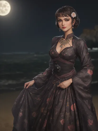 [jingju:999],photorealistic,realistic,solo,photorealistic,best quality,ultra high res,
bjofemale,1girl,solo,jewelry,black hair,hair ornament,makeup,ring,flower,lipstick,eyeshadow,black eyes,floral print,smile,hanfu beautiful,
, fairy tale, Anxious light-weight (George Michael:1.3) , wearing costume designed by Harry Potter, [beach|field], Ultra Detailed, Afrofuturism, Moonlight, Fujifilm XT3, F/1.8,  