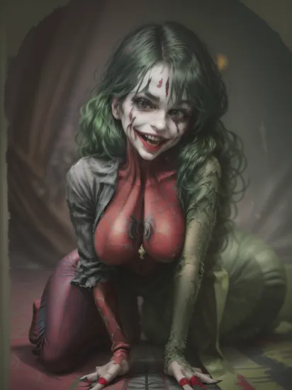 (joker) as (spider man), 1girl, long green hair, large breast, official art, unity 8k wallpaper, ultra detailed, aesthetic, masterpiece, best quality, photorealistic, dark theme   crazy smile, (open mouth) all fours