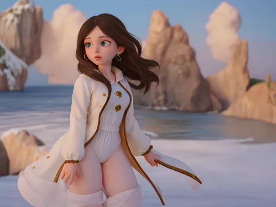 1girl, (On the beach by the sea:1.2),(full body:1.36),A beautiful woman in a windbreaker looks out at the green mountains and waters in front of the snowy island, (Snow white and delicate skin,Real and delicate skin:1.32),solo, brown hair, realistic,(Sexy and beautiful eyes,Bright and divine eyes:1.16), jewelry, big breasts,  earrings, arms at sides, official art,Best quality,masterpiece,ultra high res,((8K,photorealistic:1.32)),((deep Focus)),raw photo,extremely delicate,intricate details,best shadow,beautiful,((detailed  hair)),(pale skin),