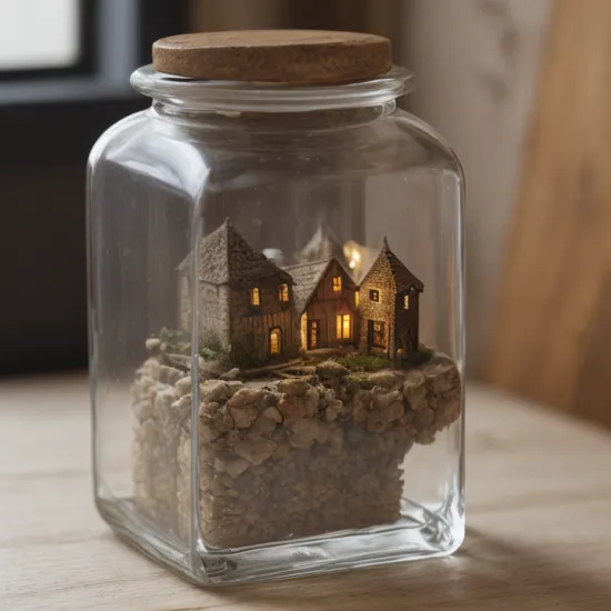 a medieval town stuffed inside a Square glass jar with lid, putting on the windowsill,
extremely detail, 8K, doomsday punk style, miniatures, close-up macro photography