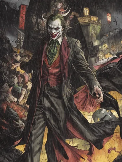 the joker as a hannya   ,  maniacal laughter , batman standing behind the joker   , rainy , cloudy , the bat signal , masterpiece , in the club ,comic ,grim atmosphere , dark colors grading,comic