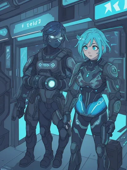 Two people, (cyberpunky bright blue glowing tattoos hologram Cortana) and (military camouflage colored cybernetically augmented Master Chief), reimagined in a cyberpunk universe, cyberpunk, cyberpunk art style , cyberpunk surroundings, glowing multicolored neon lights, raining, lightning, cinematic scene, detailed background, masterpiece, best quality, high quality, highres, absurdres, 16k resolution   
