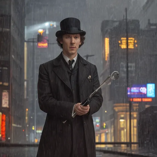 Sherlock Holmes is sad, holding a magnifying glass, rain in the background, "404" as neon light on the building