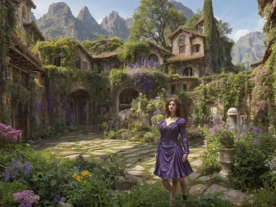 realistic, (ultra highres), full body, depth, vast overgrowth, beautiful, courtyard is an architectural masterpiece, mountain on the background, purple dress, super sharp, determination, titian hair, magic mushroom harvest, a [fantasy:cyberpunk:8] landscape, 2d art, Intricate, ninja