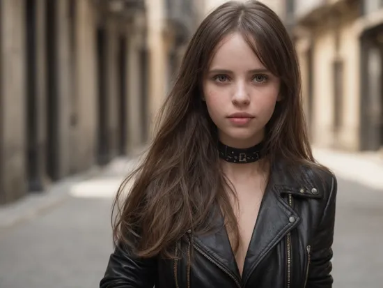 felicity_jones, street photography of a stylish woman with longhair, in a dark alley, wearing a leather jacket, short plaid skirt, leather boots, studded choker, open jacket, (soft smile), looking at viewer, , ((perfect eyes, detailed eyes,realistic eyes)), (masterpiece, best quality, ultra-detailed, best shadow), high contrast, (best illumination), ((cinematic light)), colorful, hyper detail, dramatic light, intricate details, (1 girl, solo) , ultra detailed artistic photography, dreamy, backlit, shadows, ultra high definition, 8k, ultra sharp focus, ultra high quality model, soft lighting, film photography, analogue photography, hyperrealism,, ((sharp face, detailed face, realistic face, naturtal skin, realistic skin, detailed skin, pores))