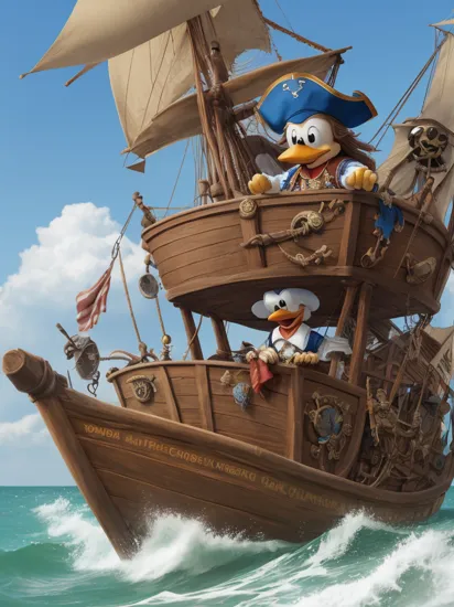 Donald duck as captain jack sparrow on a sinking pirate ship, realistic 